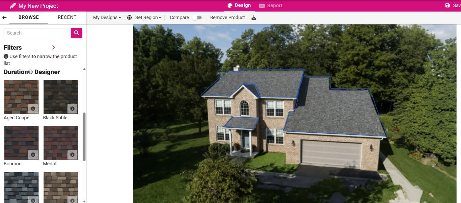Screenshot of the main user interface of Design EyeQ, where shingles can be selected and applied to a photograph.