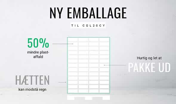 Den nye emballage af CGL 20cy, 50% mindre plastaffald, hurtig og nem at pakke ud, hætten tåler regn