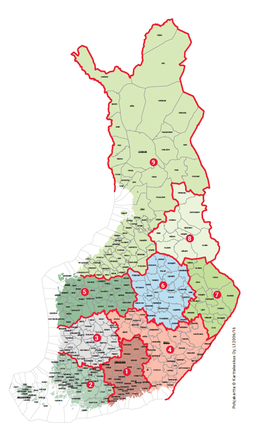 Aluejakokartta PAROC puhallusvillaurakoitsijoista
