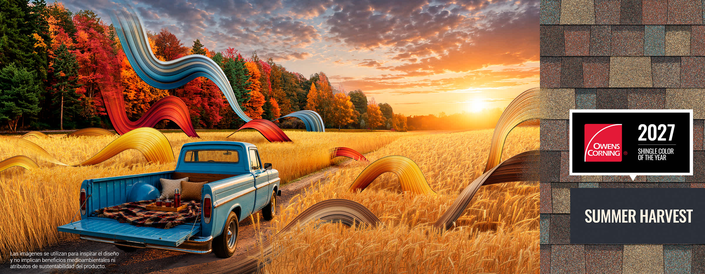Una escena que muestra un camión de color azul brillante circulando por un camino de tierra en un campo dorado rodeado de árboles otoñales, junto al color de tejas del año 2027 de Owens Corning: Summer Harvest.