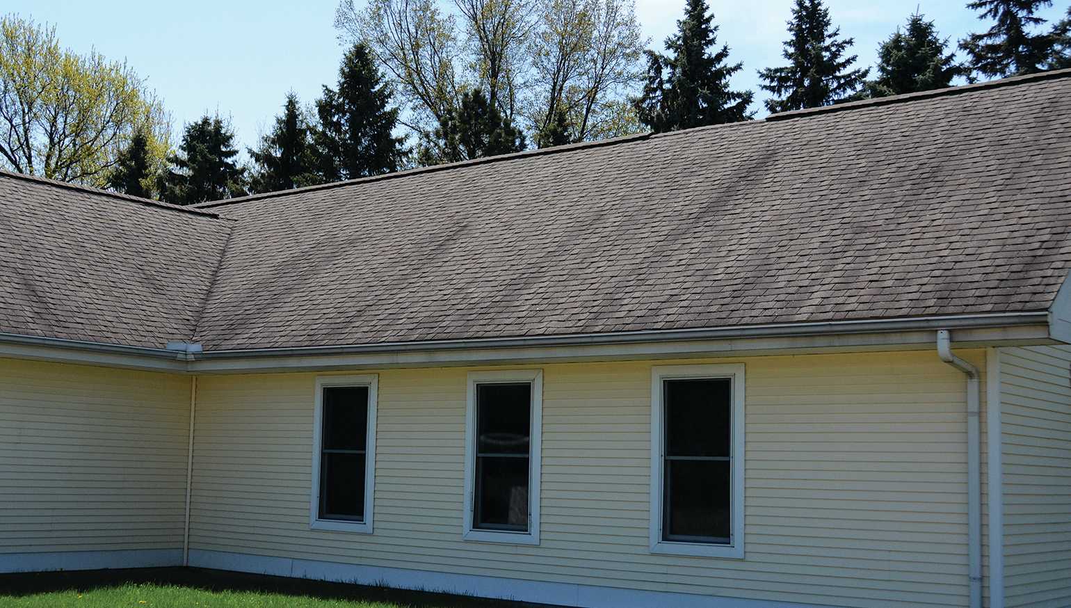 Side view of a pale yellow house with three windows, white trim and gutters, and a brown roof with algae dark streaks across the shingles.
