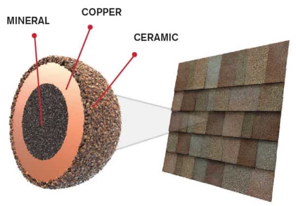 Asphalt shingle swatch diagram with composition of copper-based granules that power Owens Corning Algae-Resistant StreakGuard protection.