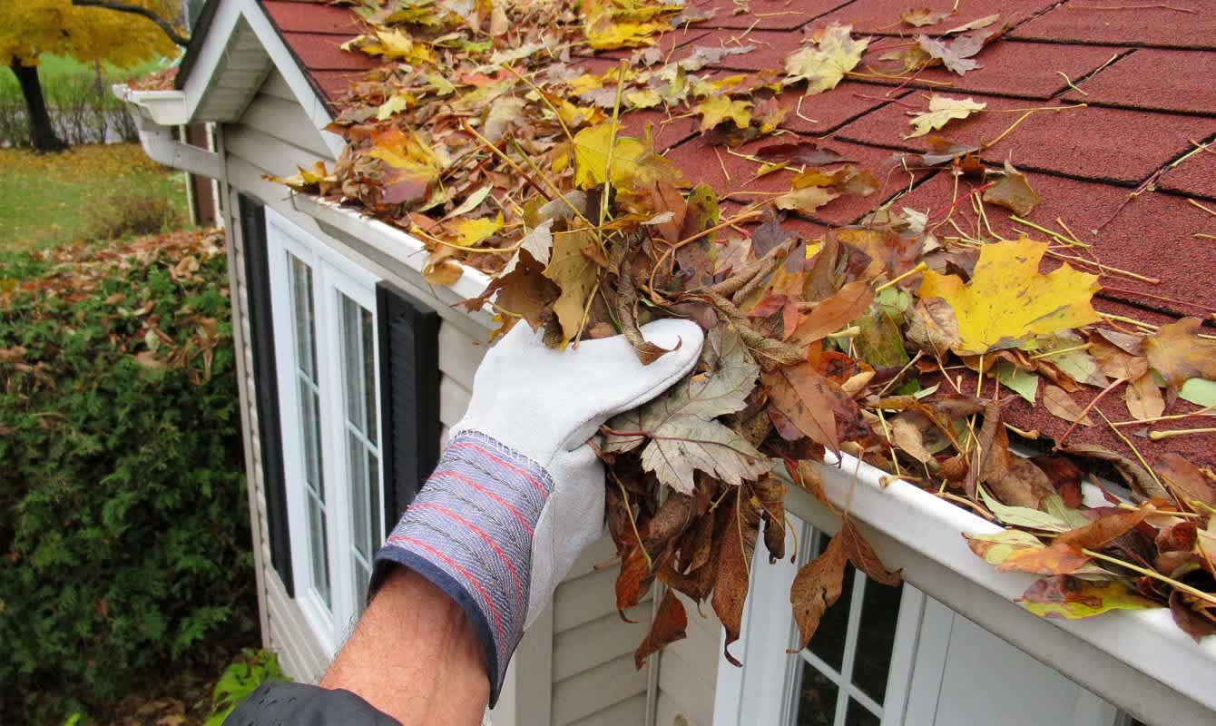 gloved hand removing leaves from white gutters on a red roof