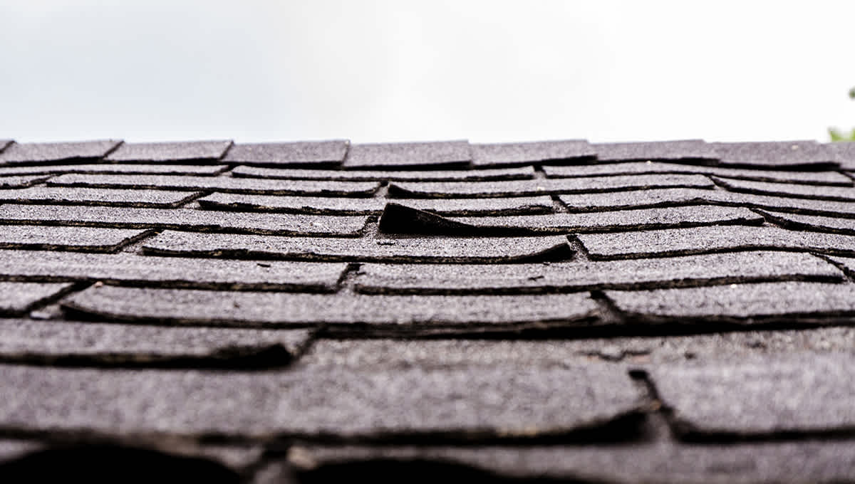 Close up up dark grey shingles that are cupping on the corners of the shingle tabs