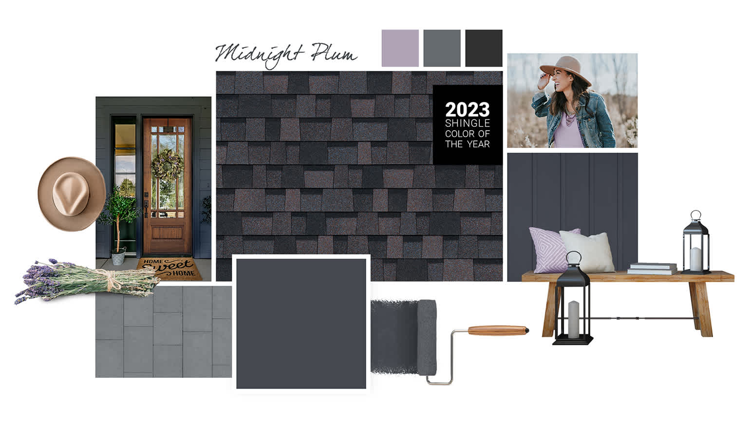 Midnight Plum Style Board wit dark grey paint, Midnight Plum shingle swatch at the center, lavender accents, and a medium brown wooden front door