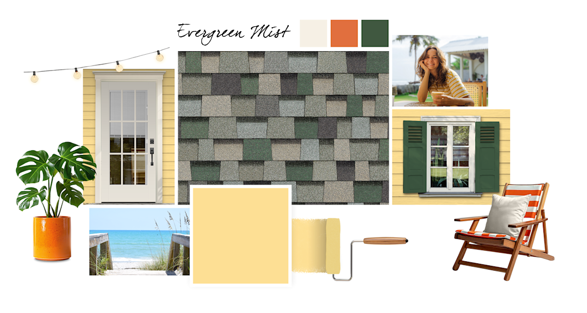 Sunny Veranda, Frost Bite, Knockout Orange and Evergreens paint colors compliment Evergreen Mist TruDefinition Duration Designer shingles.