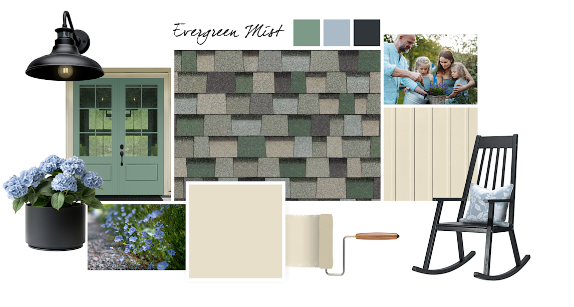Polar Bear, Parisian Patina, Windy Blue and Inkwell paint colors compliment Evergreen Mist TruDefinition Duration Designer shingles.