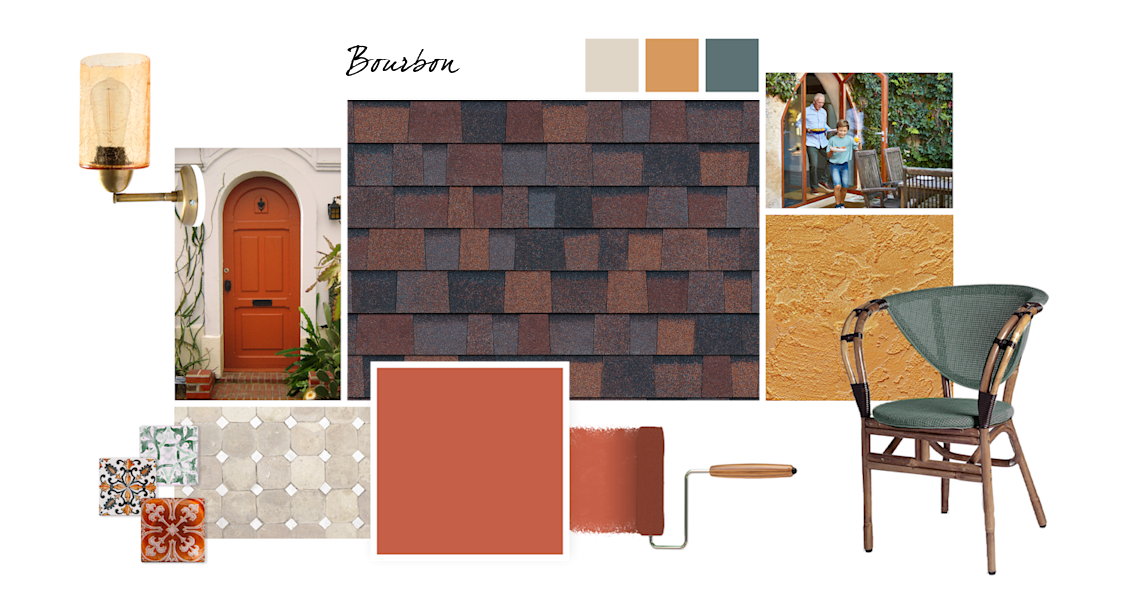 Emotional, Kestrel White, Bakelite Gold, and Maxi Teal paint colors compliment Bourbon TruDefinition Duration Designer shingles.