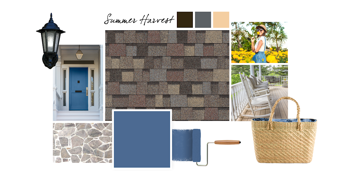 Revel Blue, French Roast, Roycroft Pewter and Honey Blush paint colors compliment Summer Harvest TruDefinition Duration Designer shingles