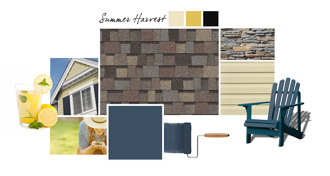 Indigo Batik, Gardenia, Frolic and Dewberry paint colors compliment Summer Harvest TruDefinition Duration Designer shingles.