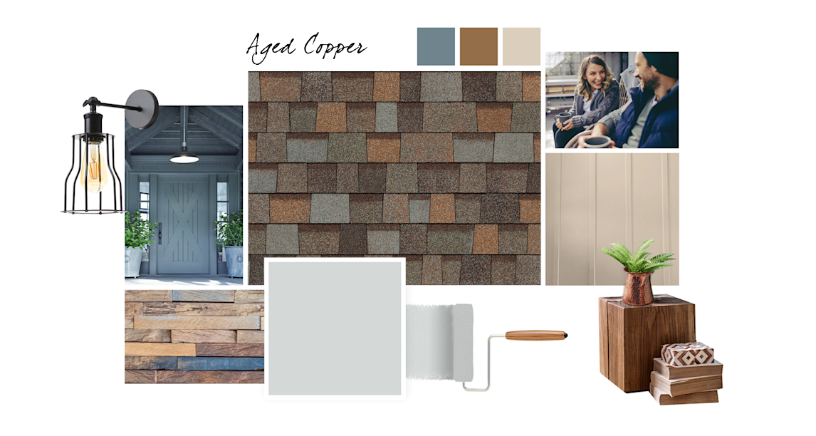 Olympus White, Blustery Sky, El Caramelo and Rivers Edge paint colors compliment Aged Copper TruDefinition Duration Designer shingles.