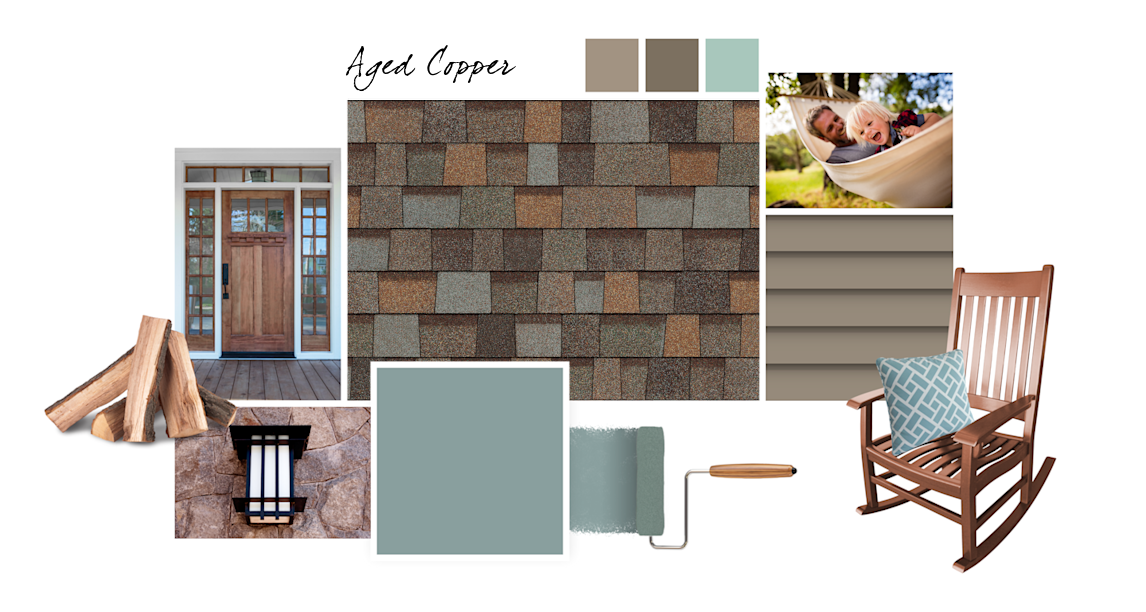 Delft, Urban Jungle, Library Pewter and Aloe paint colors compliment Aged Copper TruDefinition Duration Designer shingles. 