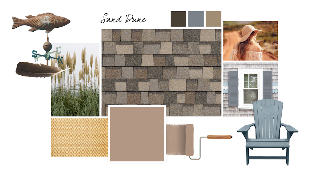 Mexican Sand, Seal Skin, Storm Cloud and Barro Verde paint colors compliment Sand Dune TruDefinition Duration Designer shingles.