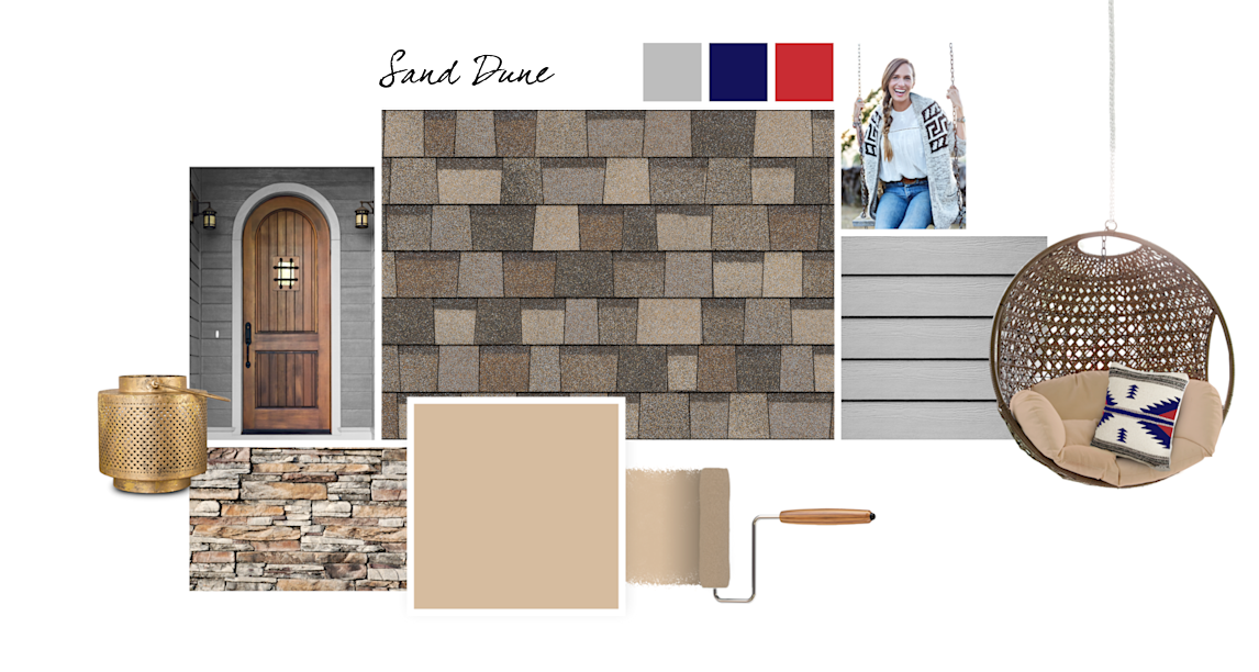 Row House Tan, Argos, Morning Glory and Real Red paint colors compliment Sand Dune TruDefinition Duration Designer shingles