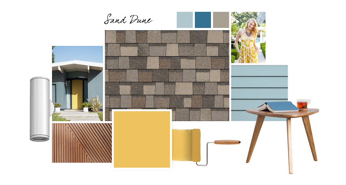 Overjoy, Billowy Breeze, Turkish Tile and Fawn Brindle paint colors compliment Sand Dune TruDefinition Duration Designer shingles.