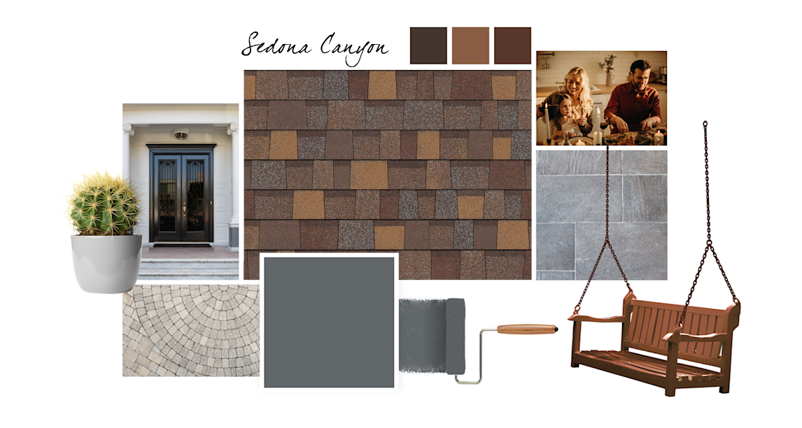 Web Gray, Turkish Coffee, Jute Brown and Terra Brun paint colors compliment Sedona Canyon TruDefinition Duration Designer shingles.