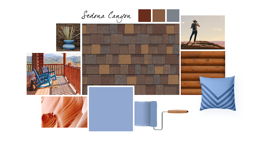 Cosmos, Roycroft Copper Red, Jute Brown and Storm Cloud paint colors compliment Sedona Canyon TruDefinition Duration Designer shingles.