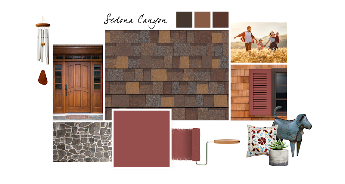 Rembrandt Ruby, Dark Clove, Jute Brown and Terra Brun paint colors compliment Sedona Canyon TruDefinition Duration Designer shingles.