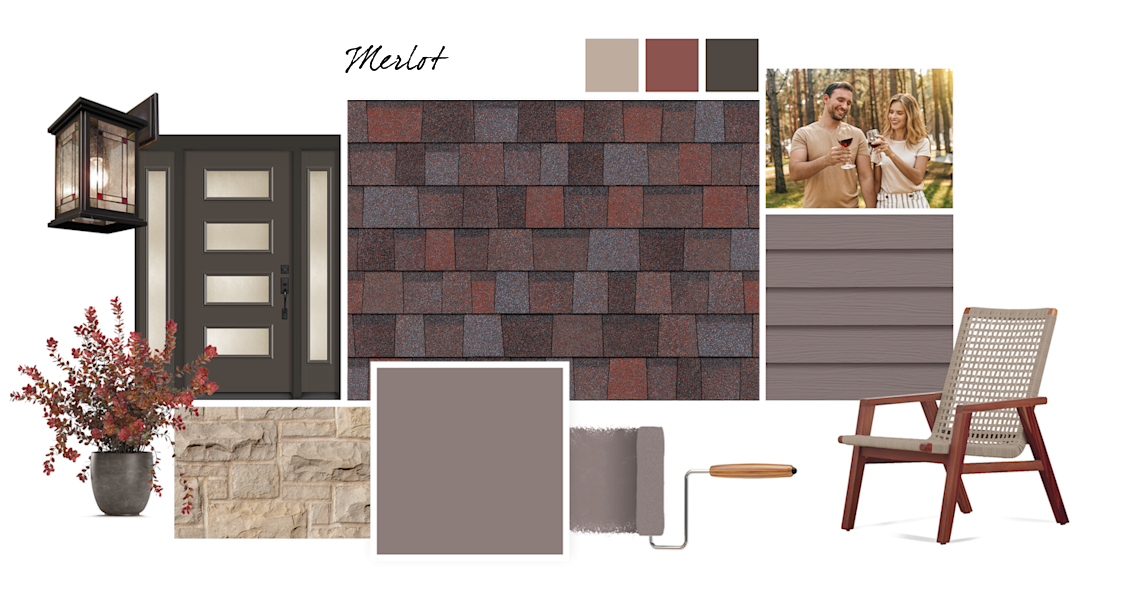 Renwick Heather, Chelsea Mauve, Toile Red, and Black Fox paint colors compliment Merlot TruDefinition Duration Designer shingles.