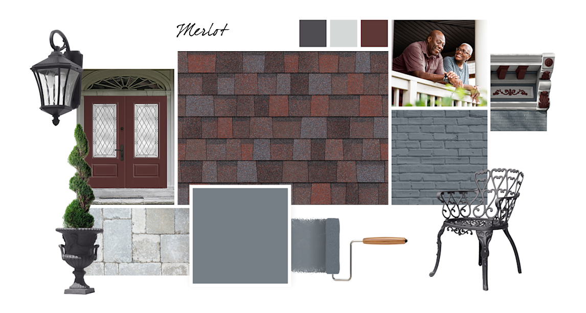 Downing Slate, Perle Noir, Olympus White, and Sommelier paint colors compliment Merlot TruDefinition Duration Designer shingles.