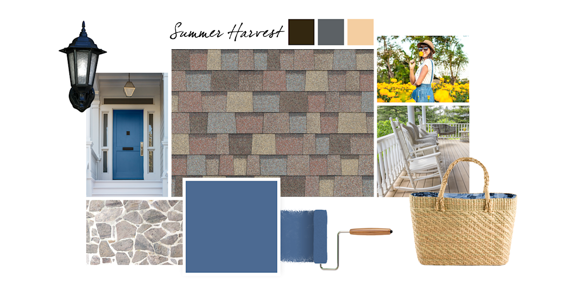 Revel Blue, French Roast, Roycroft Pewter and Honey Blush paint colors compliment Summer Harvest TruDefinition Duration Designer shingles