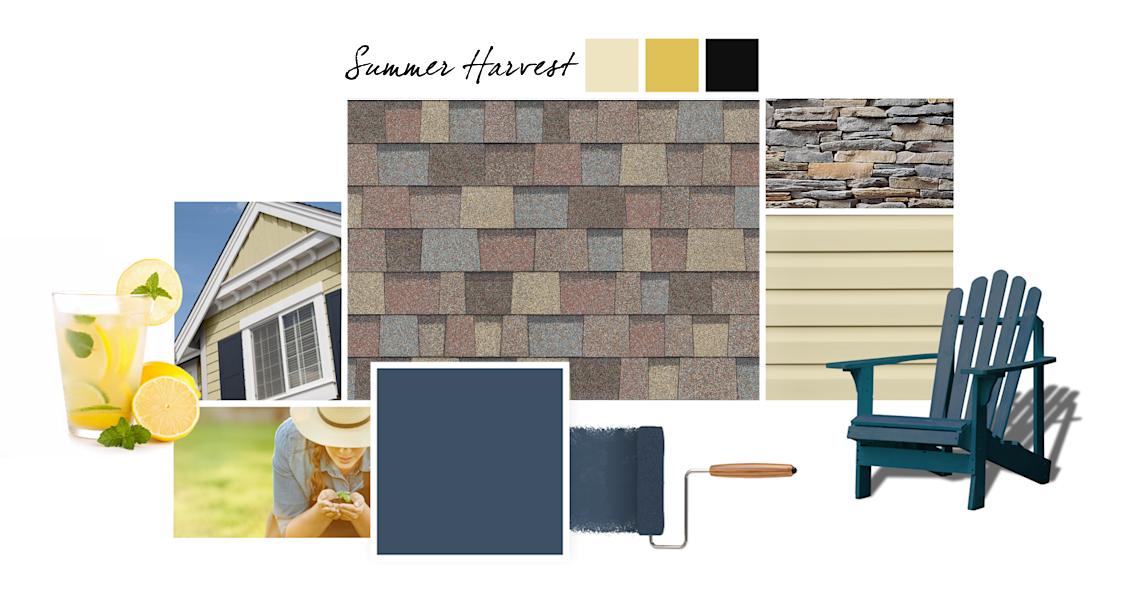 Indigo Batik, Gardenia, Frolic and Dewberry paint colors compliment Summer Harvest TruDefinition Duration Designer shingles.