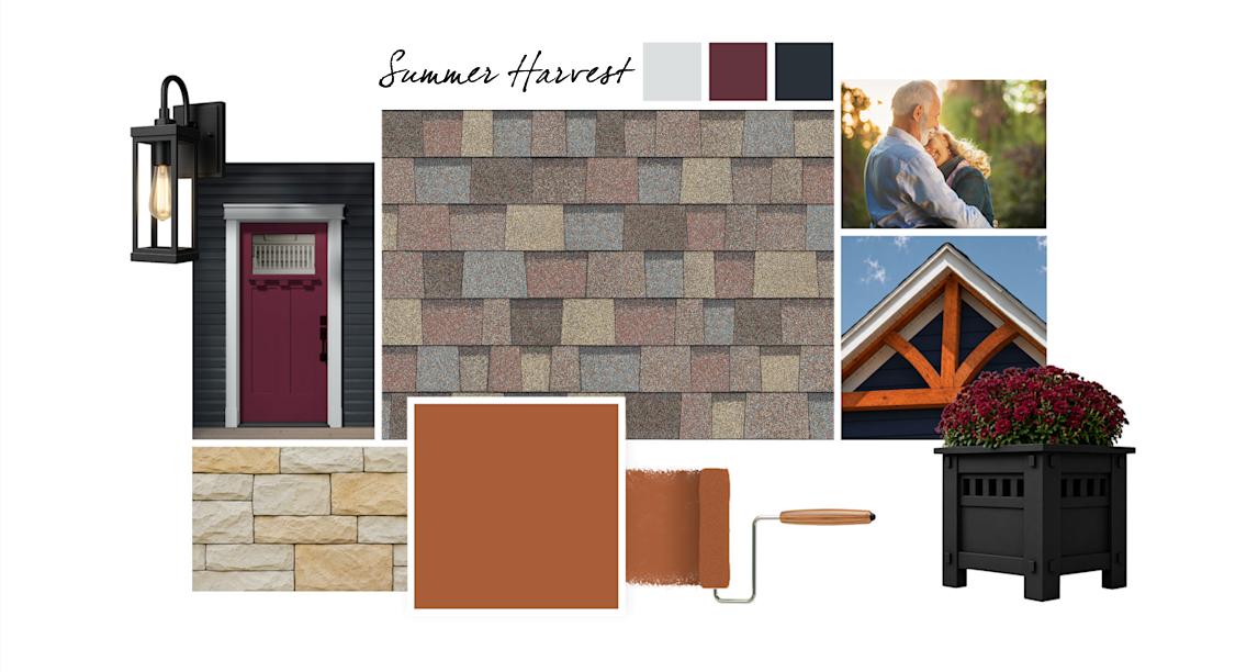 Earthen Jug, Icicle, Burgundy and After the Storm paint colors complement Summer Harvest TruDefinition Duration Designer shingles.