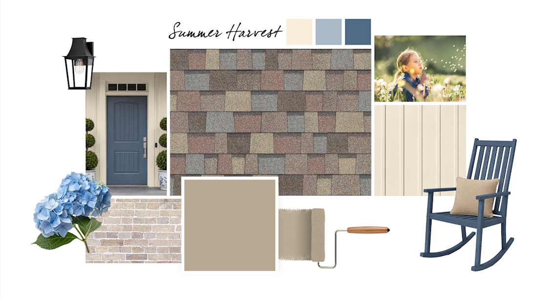 Universal Khaki, Honied White, Windy Blue and Denim paint colors complement Summer Harvest TruDefinition Duration Designer shingles.