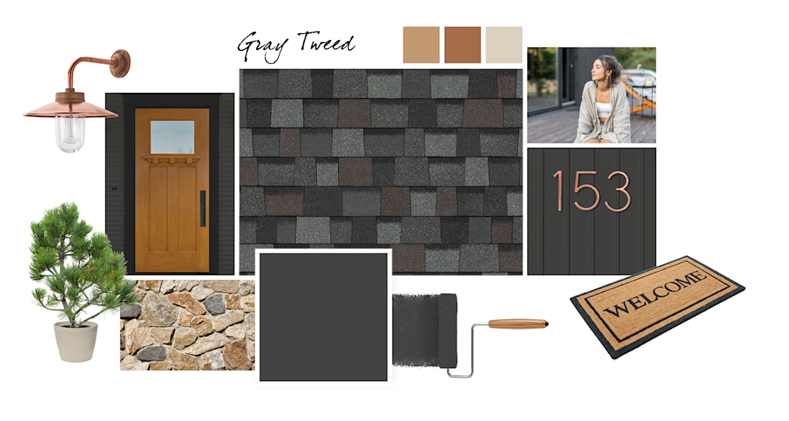 Iron Ore, Carmelized, Brandywine and Canvas Tan paint colors compliment Gray Tweed TruDefinition Duration Designer shingles.