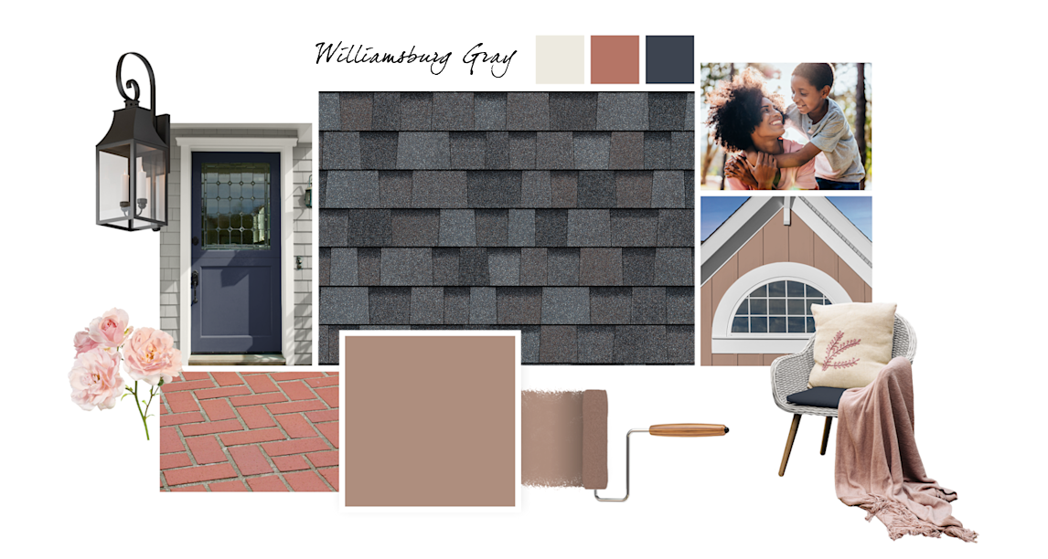 A low country cottage style board with board and batten, iron accents brick patio, wicker furniture, and cottage-style garden elements. Redend Point, Alabaster, Rojo Dust, and Charcoal Blue paint colors compliment Williamsburg Gray TruDefinition® Duration® shingles.