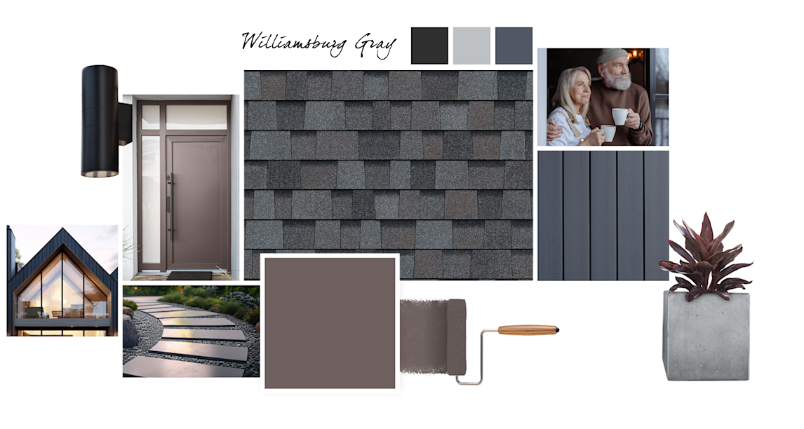 A Scandinavian style board with tall pointed roof, vertical wood siding, modern lighting, and concrete planter elements. Browse Brown, Tricorn Black, Lazy Gray, and Mineral Gray paint colors compliment Williamsburg Gray TruDefinition® Duration® shingles.