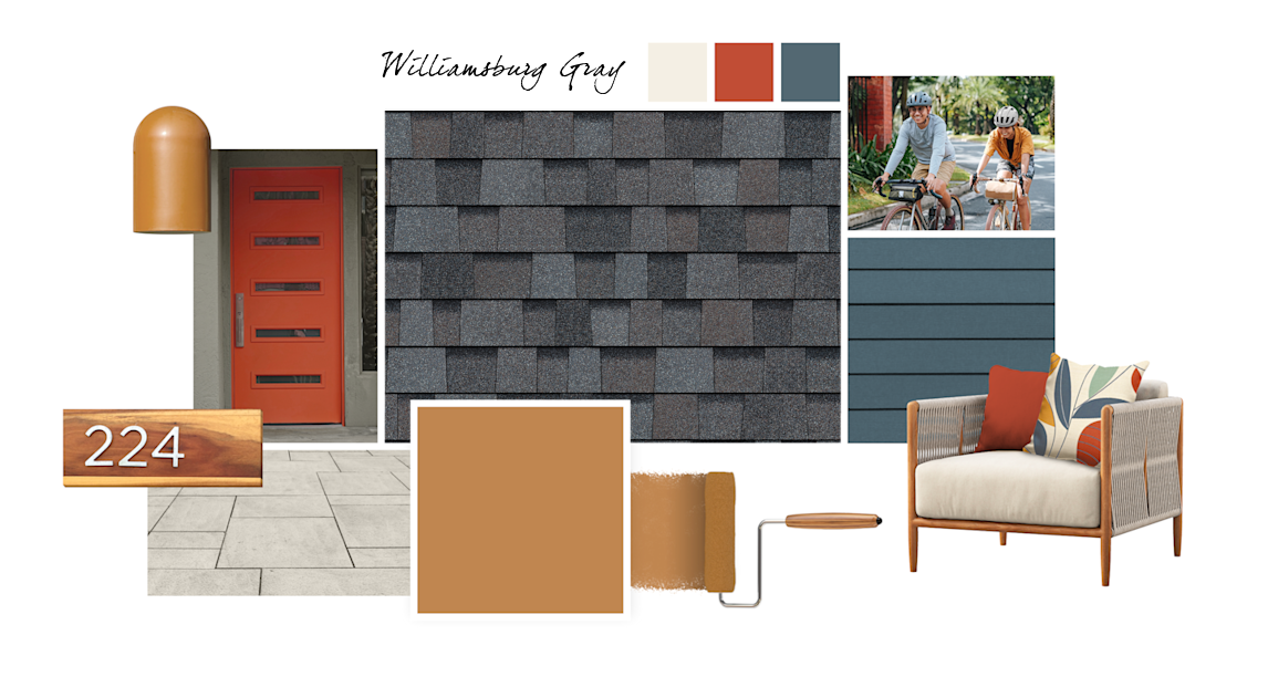 Rookwood Amber, Whitetail, Cayenne, and Waterloo paint colors compliment Williamsburg Gray TruDefinition® Duration® shingles.