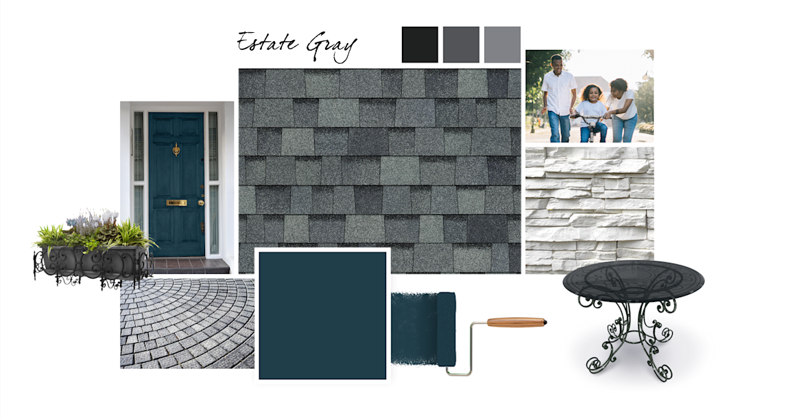 Rainstorm, Tricorn Black, Peppercorn and software paint colors compliment Estate Gray TruDefinition Duration Designer shingles.
