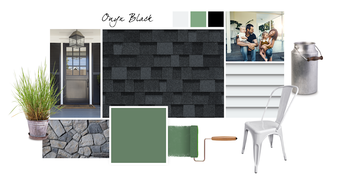 Jadite, Roman Column, Lounge Green and Tricorn Black paint colors compliment Onyx Black TruDefinition Duration Designer shingles.