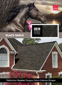A montage of a horse set against a calm scene of a rocky cliff next to a body of water with mountains in the background. Featured next to the scene is a swatch of Black Sable shingles, the 2019 Shingle Color of the Year, which feature classic black with gray, umber brown and a hint of sable. At the bottom is a house with Black Sable shingles on the roof.