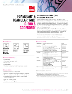 Product sheet for FOAMULAR NGX C‑200 CodeBord insulation with specs and features.