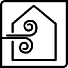 Icon of a house with swirling airflow lines passing through it.