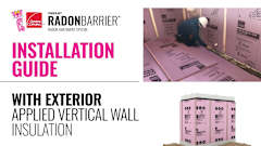 Installation guide cover showing radon barrier insulation and workers installing pink wall panels.