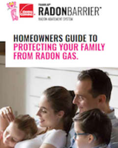 Homeowners guide cover showing a family sitting together with text about protecting against radon gas.