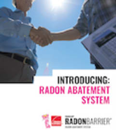 Two people shaking hands outdoors with text introducing a radon abatement system.