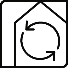 icon of a house with a circle comprised of two arrows inside 