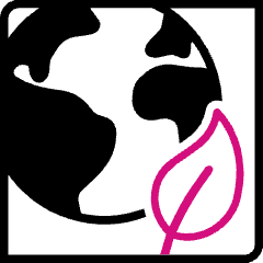 Graphic showing a globe with a pink leaf