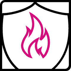 Graphic showing a pink flame within a shield