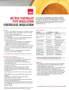 Metric Fiberglas Pipe Insulation Data Sheet