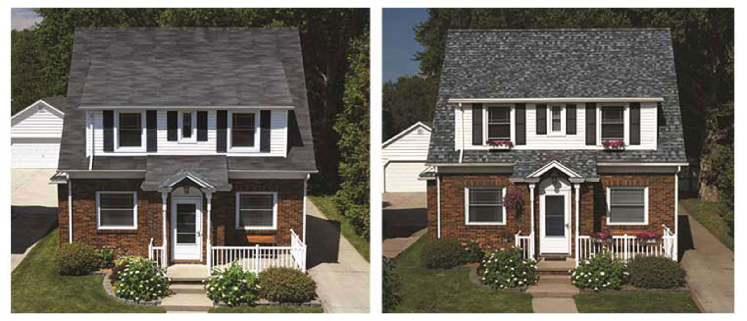 Side by side before and after comparison of a traditional two story home with old roofing shingles and new TruDefinition® Duration® Designer Colors Collection shingles in the final color Pacific Wave