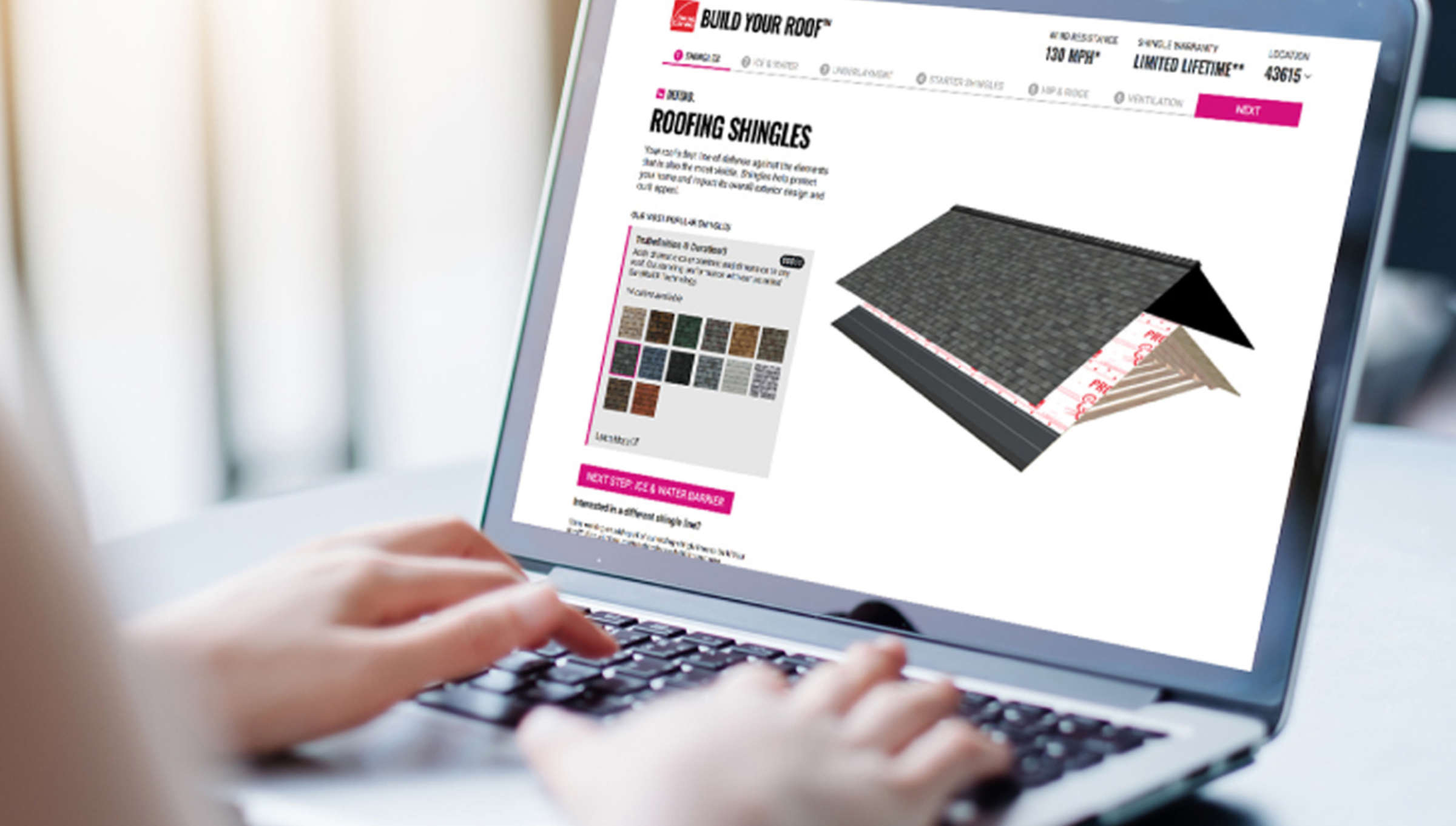 Person using laptop to use the Owens Corning Build Your Roof tool