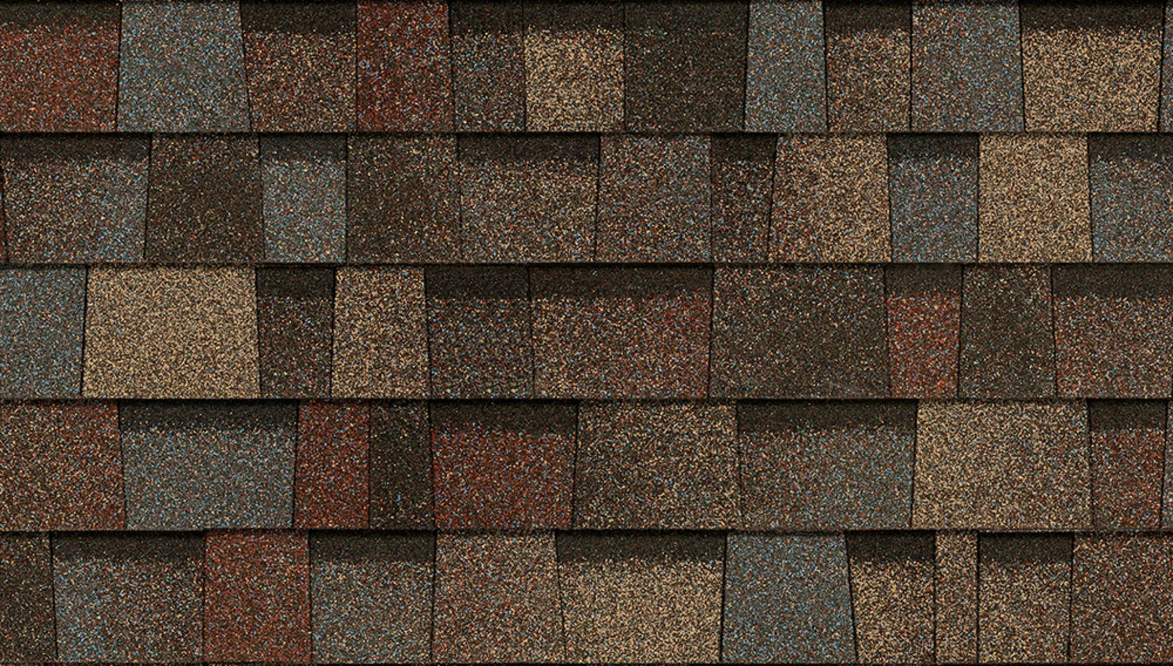 Summer Harvest shingle swatch featuring multiple granule colors mixed to become blue, red, yellow, and black tabs