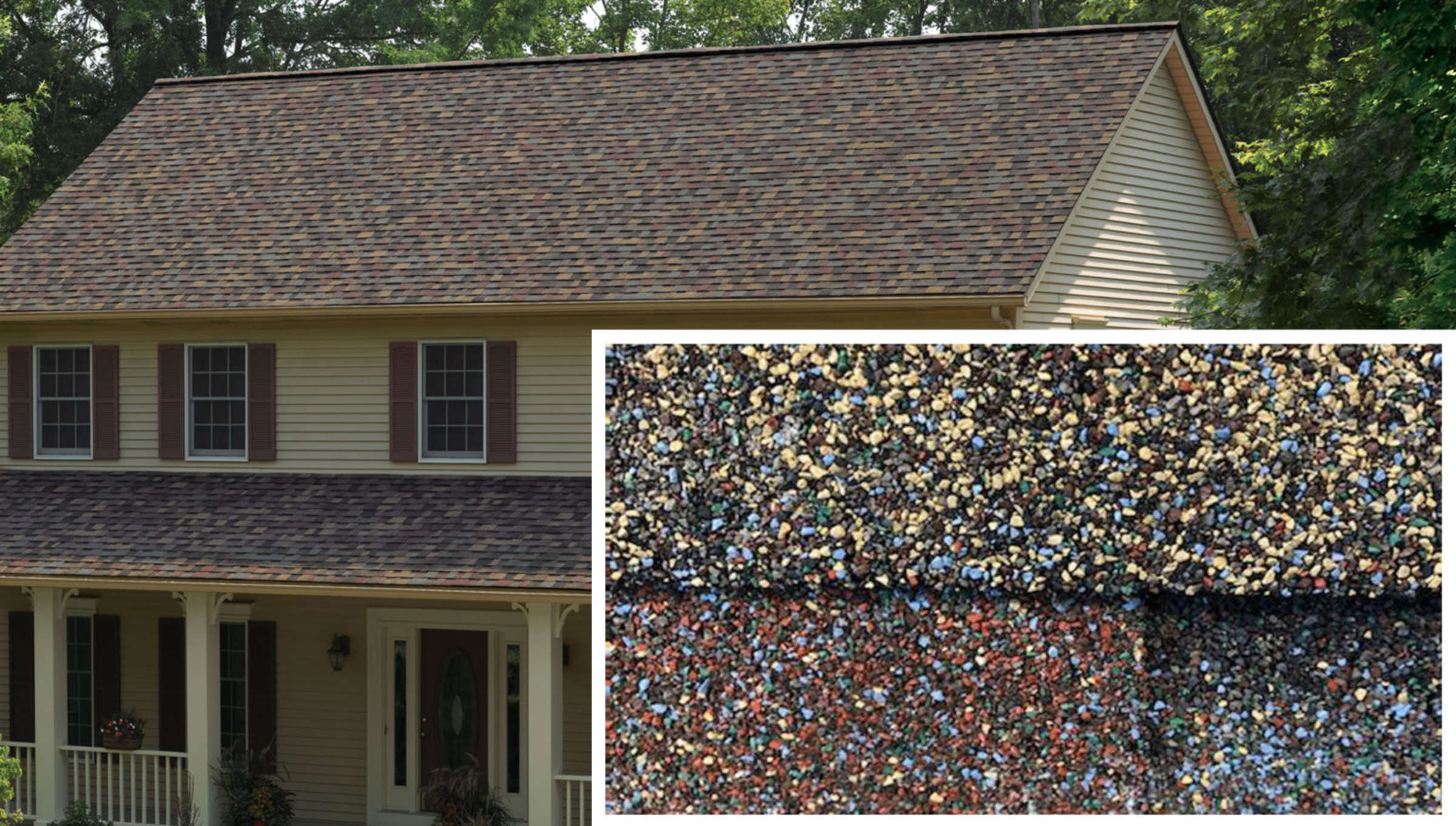 Yellow sided house with Summer Harvest shingles, side by side with a closeup image showing the detail of the Summer Harvest granules