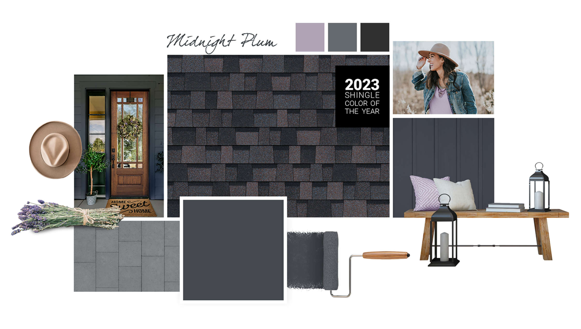 Midnight Plum Style Board wit dark grey paint, Midnight Plum shingle swatch at the center, lavender accents, and a medium brown wooden front door