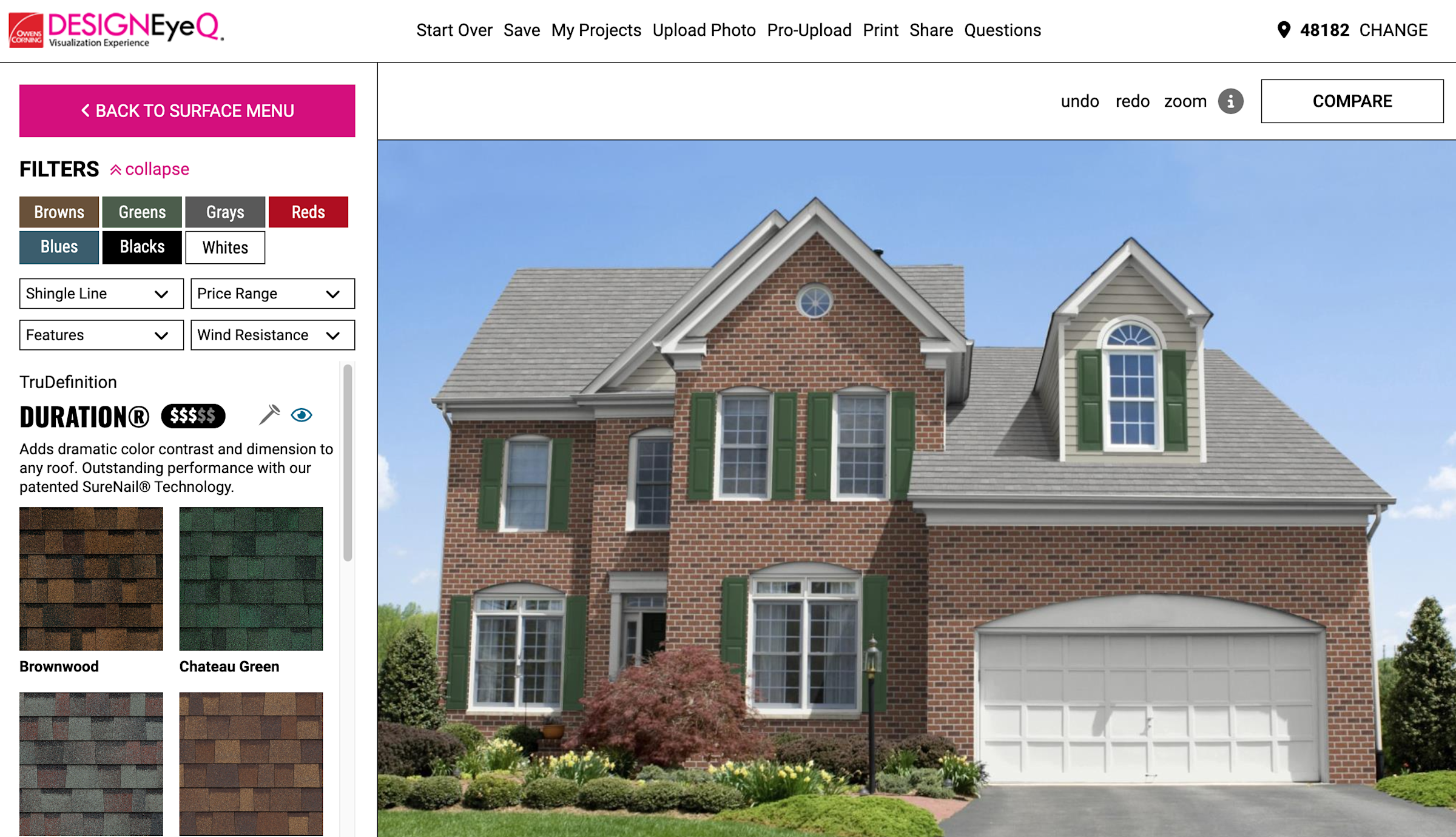 Screenshot of the main user interface of Design EyeQ, where shingles can be selected and applied to a photograph.